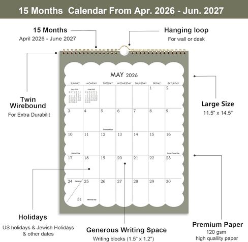 تقويم 2026 - تقويم حائط 2026-2027، يناير 2026 - يونيو 2027، تقويم صغير مقاس 8.5 بوصة × 11 بوصة، تقويم حائط عمودي لمدة 18 شهرًا مع ربط بسلك مزدوج، وخطاف تعليق وورق سميك in Kuwait