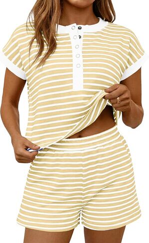 Fisoew Womens Striped 2 Piece Outfits Casual Button Henley Shirts Tops Loose Workout Shorts Matching Lounge Sets in Kuwait