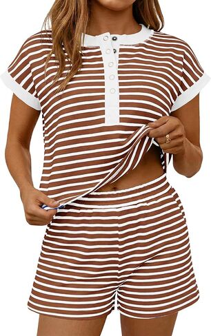 Fisoew Womens Striped 2 Piece Outfits Casual Button Henley Shirts Tops Loose Workout Shorts Matching Lounge Sets in Kuwait