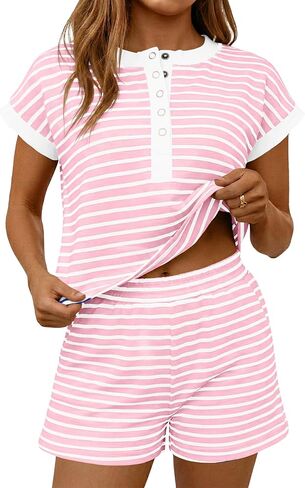 Fisoew Womens Striped 2 Piece Outfits Casual Button Henley Shirts Tops Loose Workout Shorts Matching Lounge Sets in Kuwait