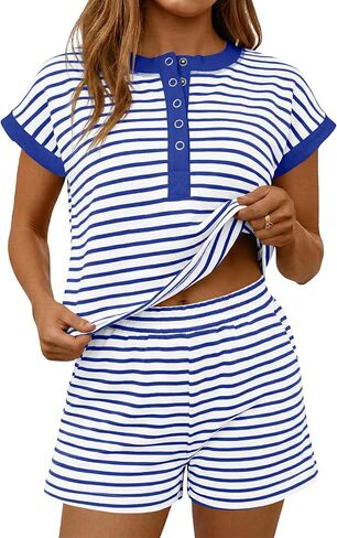 Fisoew Womens Striped 2 Piece Outfits Casual Button Henley Shirts Tops Loose Workout Shorts Matching Lounge Sets in Kuwait