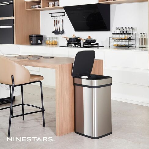سلة مهملات المطبخ الذكية سعة 13 جالون من Ninestars، سلة قمامة مستشعر الحركة للتحكم التلقائي في الرائحة، محول طاقة عالمي، 50 لتر من الفولاذ المقاوم للصدأ ذو الفتح الذكي، سلسلة نوفا in Kuwait