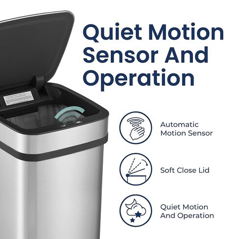 سلة مهملات المطبخ الذكية سعة 13 جالون من Ninestars، سلة قمامة مستشعر الحركة للتحكم التلقائي في الرائحة، محول طاقة عالمي، 50 لتر من الفولاذ المقاوم للصدأ ذو الفتح الذكي، سلسلة نوفا in Kuwait