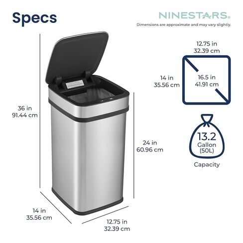 سلة مهملات المطبخ الذكية سعة 13 جالون من Ninestars، سلة قمامة مستشعر الحركة للتحكم التلقائي في الرائحة، محول طاقة عالمي، 50 لتر من الفولاذ المقاوم للصدأ ذو الفتح الذكي، سلسلة نوفا in Kuwait