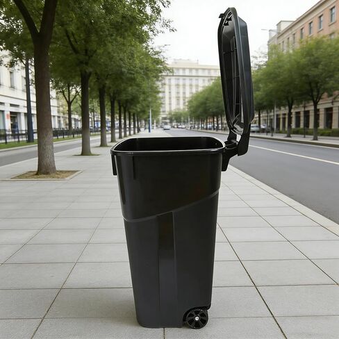 32 Gallon Plastic Garbage Can with Attached Lid, Wheeled Trash Bin, Outdoor/Indoor Use, Black in Saudi Arabia