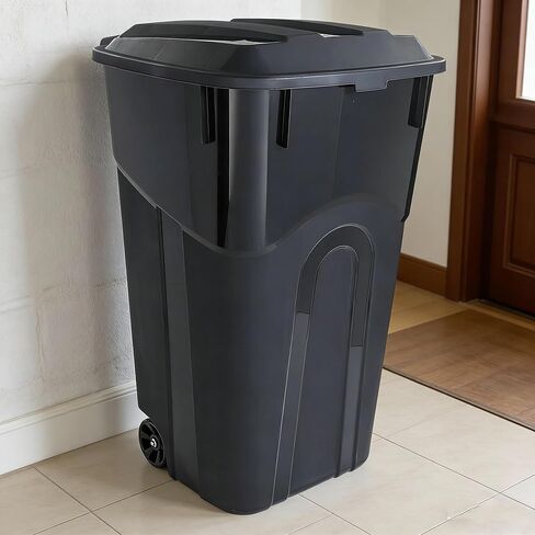 32 Gallon Plastic Garbage Can with Attached Lid, Wheeled Trash Bin, Outdoor/Indoor Use, Black in Saudi Arabia