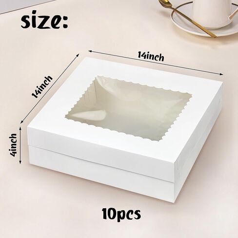 KEEPARTY 10 PCS 14x14x4 Inch White Cake Boxes with Window Large Bakery Box for Cake Cupcakes Donuts Cookies Dessert Pastry Baking Pie Packaging in Saudi Arabia