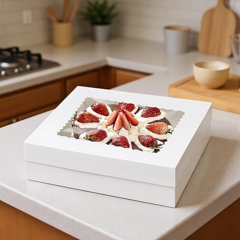 KEEPARTY 10 PCS 14x14x4 Inch White Cake Boxes with Window Large Bakery Box for Cake Cupcakes Donuts Cookies Dessert Pastry Baking Pie Packaging in Saudi Arabia