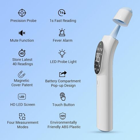 Thermometer for Adult and Kid, Ear and Forehead Thermometer - Fever Alarm, 1 S Reading, Mute Function, ℉/℃ Switchable, 40 Readings Memory, Magnetic Cover, LED Probe Light, HD LED Screen in Saudi Arabia