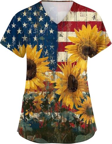 4th of July Scrubs Women Short Sleeve Patriotic Print 250th Anniversary Scrub Tops Medical Nursing Scrubs with Pockets in Saudi Arabia