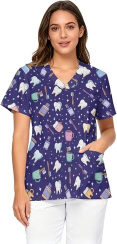 Scrub Tops for Women Casual Short Sleeve Plus Size V-Neck Scrubs Top Medical Nursing Uniforms with Pockets in Saudi Arabia