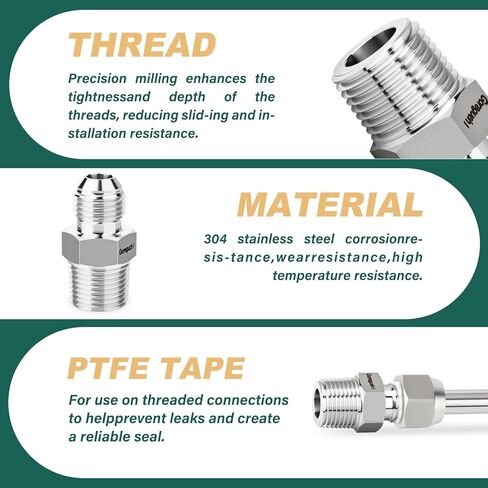 5 قطع من تركيبات أنبوب التوهج من الفولاذ المقاوم للصدأ 304، 1/4 بوصة JIC ذكر × 1/4 بوصة NPT ذكر، نصف اتحاد، مع غطاء حماية، للوقود/الهواء/الماء/الغاز/النفط in Kuwait