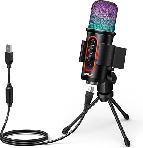 ميكروفون ألعاب كامولا، ميكروفون USB مكثف للكمبيوتر الشخصي/الكمبيوتر المحمول/الهاتف/PS4/5، RGB، مخرج سماعة الرأس، التحكم في مستوى الصوت، التوصيل والتشغيل، زر كتم الصوت، للبث، البودكاست، تسجيل الاستوديو in Saudi Arabia