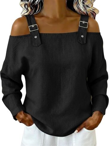 Off The Shoulder Tops for Women Long Sleeve Adjustable Strap Casual Blouses Spring Summer Trendy Loose Fit Y2K Tshirt in Saudi Arabia