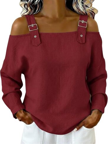 Off The Shoulder Tops for Women Long Sleeve Adjustable Strap Casual Blouses Spring Summer Trendy Loose Fit Y2K Tshirt in Saudi Arabia