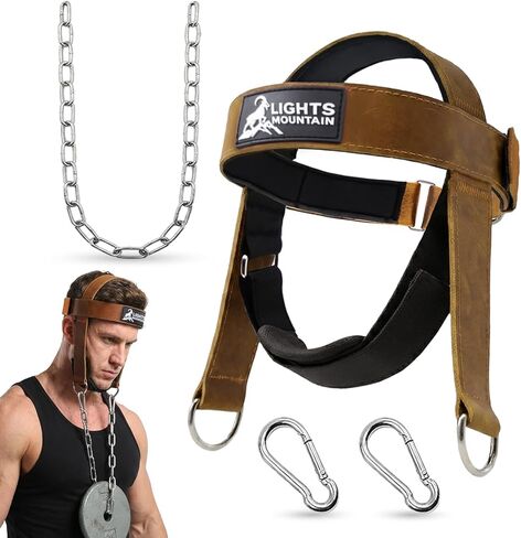 Leather Neck Harness for Neck Strength Training, Adjustable Head Harness with Steel Chain & Carabiners, Padded Genuine Leather Head Strap for Gym & Home Workouts in Saudi Arabia