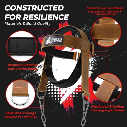 Leather Neck Harness for Neck Strength Training, Adjustable Head Harness with Steel Chain & Carabiners, Padded Genuine Leather Head Strap for Gym & Home Workouts in Saudi Arabia