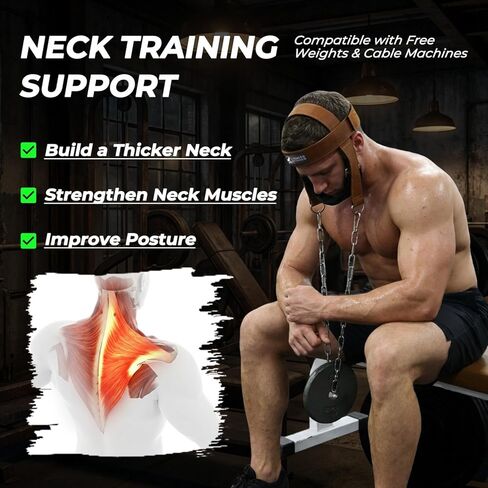 Leather Neck Harness for Neck Strength Training, Adjustable Head Harness with Steel Chain & Carabiners, Padded Genuine Leather Head Strap for Gym & Home Workouts in Saudi Arabia