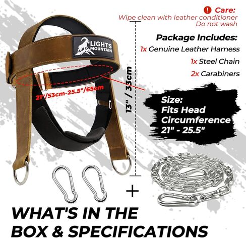 Leather Neck Harness for Neck Strength Training, Adjustable Head Harness with Steel Chain & Carabiners, Padded Genuine Leather Head Strap for Gym & Home Workouts in Saudi Arabia