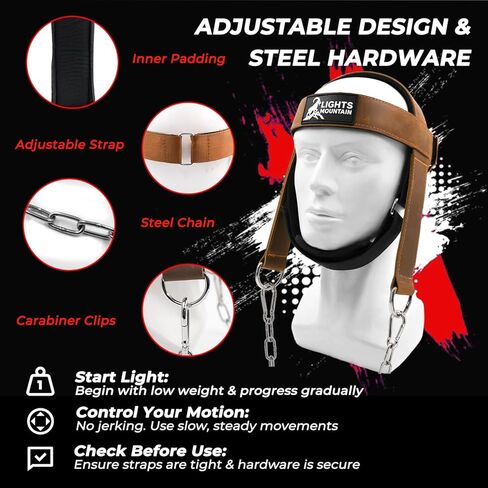 Leather Neck Harness for Neck Strength Training, Adjustable Head Harness with Steel Chain & Carabiners, Padded Genuine Leather Head Strap for Gym & Home Workouts in Saudi Arabia