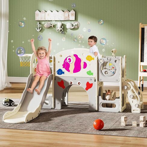مجموعة لعب للأطفال الصغار 8 في 1 من NYEEKOY، مجموعة ألعاب خارجية للأطفال الصغار، مع متسلق للأطفال الصغار ومنزلق للأطفال، مناسبة للملعب الداخلي للأطفال من سن 1 إلى 3 سنوات، سمكة وردية in Kuwait
