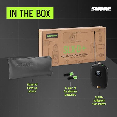 جهاز الإرسال اللاسلكي Shure SLXD1+ Bodypack - إدارة صوت احترافية بدون استخدام اليدين، قدرة ضبط واسعة، تحكم سهل في ShowLink، مسح تلقائي للقنوات، متوافق مع تكوين الأجهزة المحمولة in Saudi Arabia