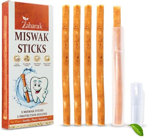 5 Pack Miswak Sticks for Teeth with 1 Holder - Sewak Sticks for Teeth Whitening | Natural Toothbrush Stick for Healthy Gums |Vacuum Sealed Miswak Toothbrush| Fresh Salvadora Persica Wood in Saudi Arabia