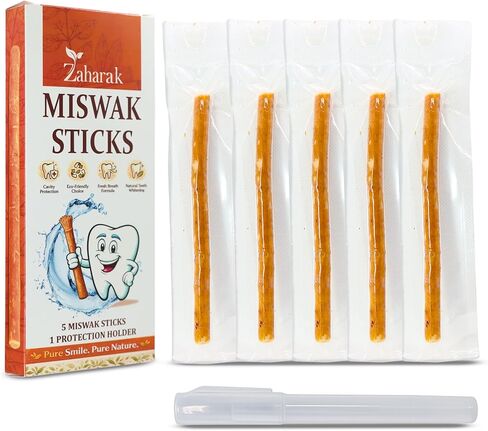 5 Pack Miswak Sticks for Teeth with 1 Holder - Sewak Sticks for Teeth Whitening | Natural Toothbrush Stick for Healthy Gums |Vacuum Sealed Miswak Toothbrush| Fresh Salvadora Persica Wood in Saudi Arabia