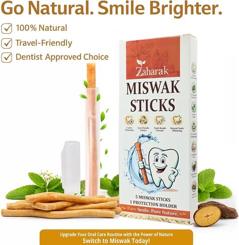 5 Pack Miswak Sticks for Teeth with 1 Holder - Sewak Sticks for Teeth Whitening | Natural Toothbrush Stick for Healthy Gums |Vacuum Sealed Miswak Toothbrush| Fresh Salvadora Persica Wood in Saudi Arabia