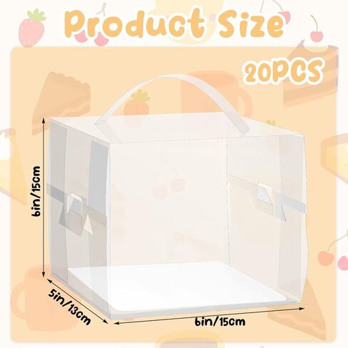 20 قطعة من صناديق الخبز الشفافة بمقابض، علب كيك من الورق المقوى PET مقاس 6 × 6 × 5 بوصة لحفلات الزفاف، وأعياد الميلاد، والحفلات، وتغليف الهدايا، وحاويات عرض ونقل شفافة in Kuwait