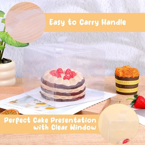 20 قطعة من صناديق الخبز الشفافة بمقابض، علب كيك من الورق المقوى PET مقاس 6 × 6 × 5 بوصة لحفلات الزفاف، وأعياد الميلاد، والحفلات، وتغليف الهدايا، وحاويات عرض ونقل شفافة in Kuwait