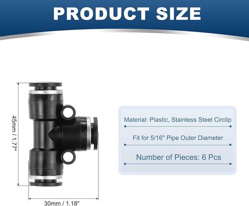 PATIKIL 6 Pcs t Shape 3 Way Push to Connect Fitting, 5/16" OD Tube Reducer Connector Quick Push Lock Adapter Air Hose Fitting for Pneumatic System Pipeline Connection, Black in Saudi Arabia