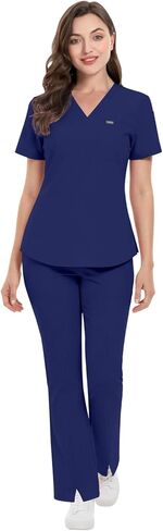 niaahinn Scrub for Women Set, Short Sleeve Top & Flare Leg Pants, Comfort Stretch Medical Uniforms for Nurses in Saudi Arabia