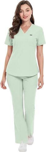niaahinn Scrub for Women Set, Short Sleeve Top & Flare Leg Pants, Comfort Stretch Medical Uniforms for Nurses in Saudi Arabia