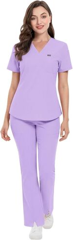niaahinn Scrub for Women Set, Short Sleeve Top & Flare Leg Pants, Comfort Stretch Medical Uniforms for Nurses in Saudi Arabia