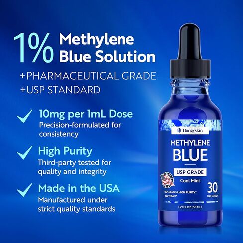 Honeyskin Methylene Blue Pharmaceutical Grade – 1% USP Grade High Purity Liquid Drops, Cool Mint Flavor | Alcohol-Free & Formaldehyde-Free | 50 Servings | Third-Party Tested, Made in USA in Saudi Arabia