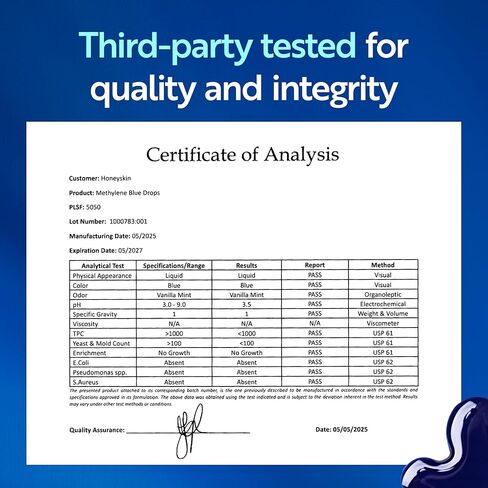Honeyskin Methylene Blue Pharmaceutical Grade – 1% USP Grade High Purity Liquid Drops, Cool Mint Flavor | Alcohol-Free & Formaldehyde-Free | 50 Servings | Third-Party Tested, Made in USA in Saudi Arabia