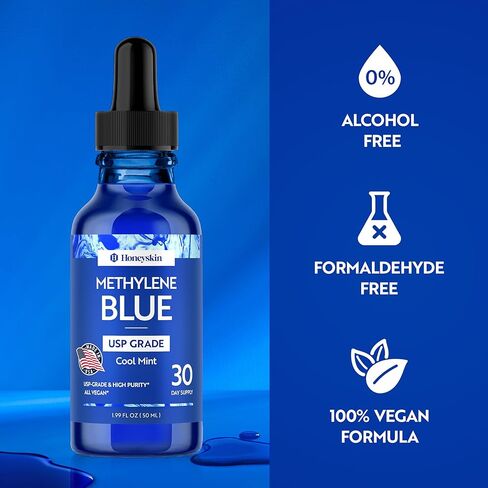 Honeyskin Methylene Blue Pharmaceutical Grade – 1% USP Grade High Purity Liquid Drops, Cool Mint Flavor | Alcohol-Free & Formaldehyde-Free | 50 Servings | Third-Party Tested, Made in USA in Saudi Arabia