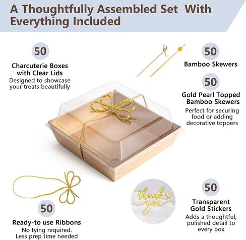 Gift-Ready Charcuterie Boxes with Clear Lids, Cake Slice Container, Bakery packaging, Food Gift Containers, Small Treat, 5"Dessert Boxes with Ready to use Ribbon and Bamboo Skewers-50 Count-BROWN in Saudi Arabia