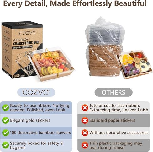 Gift-Ready Charcuterie Boxes with Clear Lids, Cake Slice Container, Bakery packaging, Food Gift Containers, Small Treat, 5"Dessert Boxes with Ready to use Ribbon and Bamboo Skewers-50 Count-BROWN in Saudi Arabia