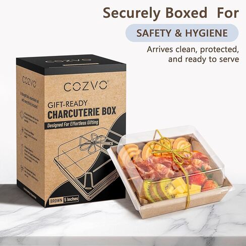 Gift-Ready Charcuterie Boxes with Clear Lids, Cake Slice Container, Bakery packaging, Food Gift Containers, Small Treat, 5"Dessert Boxes with Ready to use Ribbon and Bamboo Skewers-50 Count-BROWN in Saudi Arabia