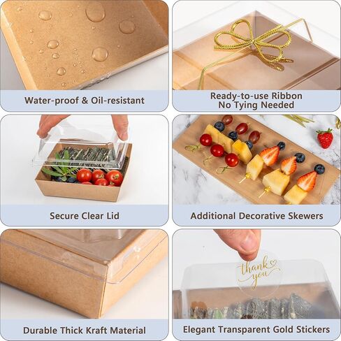 Gift-Ready Charcuterie Boxes with Clear Lids, Cake Slice Container, Bakery packaging, Food Gift Containers, Small Treat, 5"Dessert Boxes with Ready to use Ribbon and Bamboo Skewers-50 Count-BROWN in Saudi Arabia