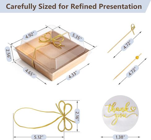 Gift-Ready Charcuterie Boxes with Clear Lids, Cake Slice Container, Bakery packaging, Food Gift Containers, Small Treat, 5"Dessert Boxes with Ready to use Ribbon and Bamboo Skewers-50 Count-BROWN in Saudi Arabia