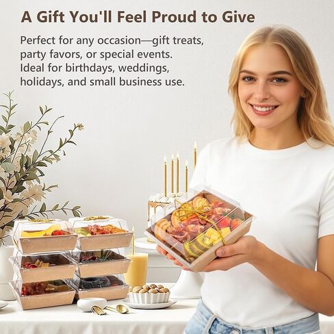 Gift-Ready Charcuterie Boxes with Clear Lids, Cake Slice Container, Bakery packaging, Food Gift Containers, Small Treat, 5"Dessert Boxes with Ready to use Ribbon and Bamboo Skewers-50 Count-BROWN in Saudi Arabia