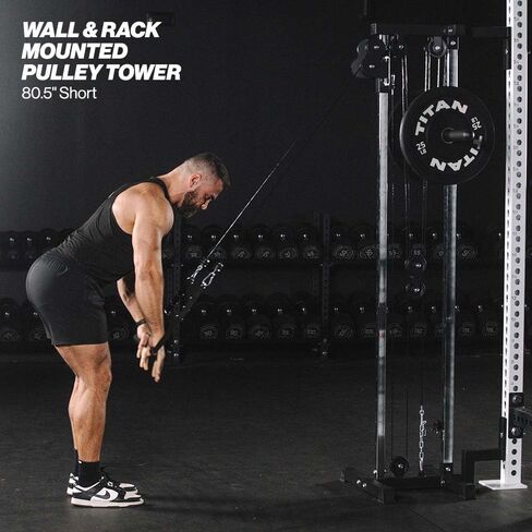 Titan Fitness 80.5" Short Wall Mounted Pulley Tower, 350 LB Capacity Plate-Loaded Cable Machine, Adjustable Trolly Height, Standard & Olympic Plate Compatibility, Dual D-Handles Included in Saudi Arabia