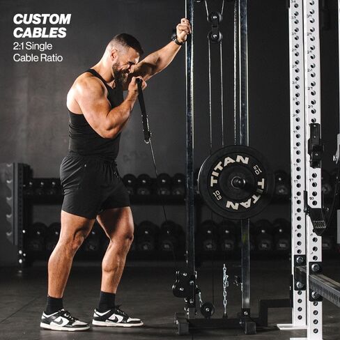 Titan Fitness 80.5" Short Wall Mounted Pulley Tower, 350 LB Capacity Plate-Loaded Cable Machine, Adjustable Trolly Height, Standard & Olympic Plate Compatibility, Dual D-Handles Included in Saudi Arabia