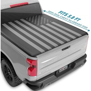 غطاء تونيو للشاحنة ناعم قابل للطي لسيارة Chevy Silverado 1500 / GMC Sierra 1500 (2007-2018) بطول سرير 5.8 قدم، غطاء سرير شاحنة قابل للسحب مناسب لجميع الأحوال الجوية مع رسم علم أسود، ألومنيوم in Kuwait