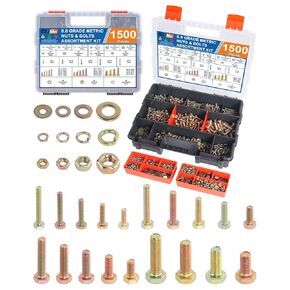 1500PCS 19 Sizes Metric Bolt Assortment, Heavy Duty Grade 8.8 Bolts and Nuts Kit, M4 M5 M6 M8(12-30mm) Bolts with Assorted Nuts and Washers, Yellow Zinc Plated, with Handheld Box Box in Kuwait