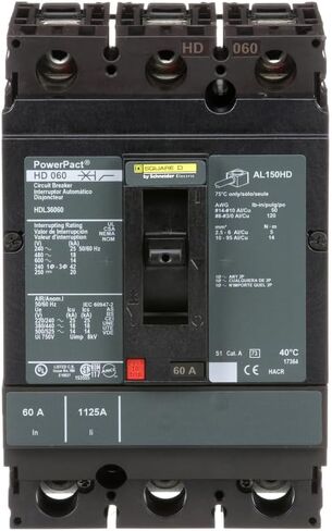 قاطع الدائرة Square D من شنايدر إلكتريك HDL36060 PowerPacT H مع تقنية وحدة الرحلة الحرارية والمغناطيسية، 60 أمبير، 3 أقطاب in Saudi Arabia