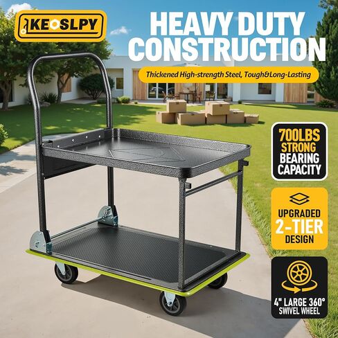 Upgraded Push Cart Dolly, 700lbs Foldable Platform Cart with Wheels, 2 Tier Heavy Duty Platform Truck, Moving Flatbed Cart for Warehouse, Garage, Workshop, Office 28.75" x 18.5" x 34" in Saudi Arabia